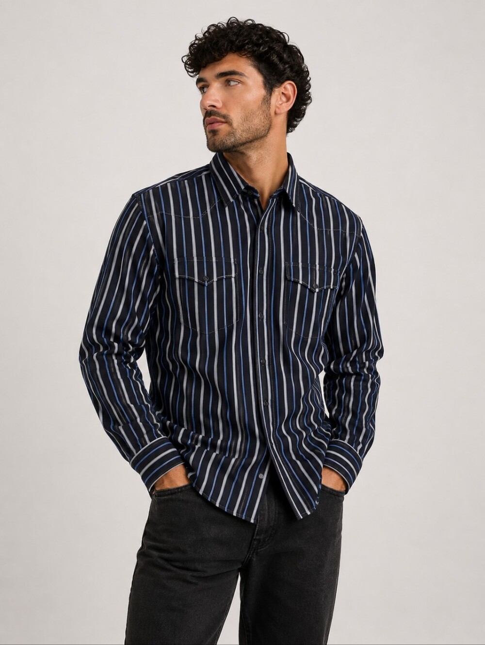 Vintage Wrangler Men’s L Black & Blue Striped Pearl Snap Long Sleeve Shirt